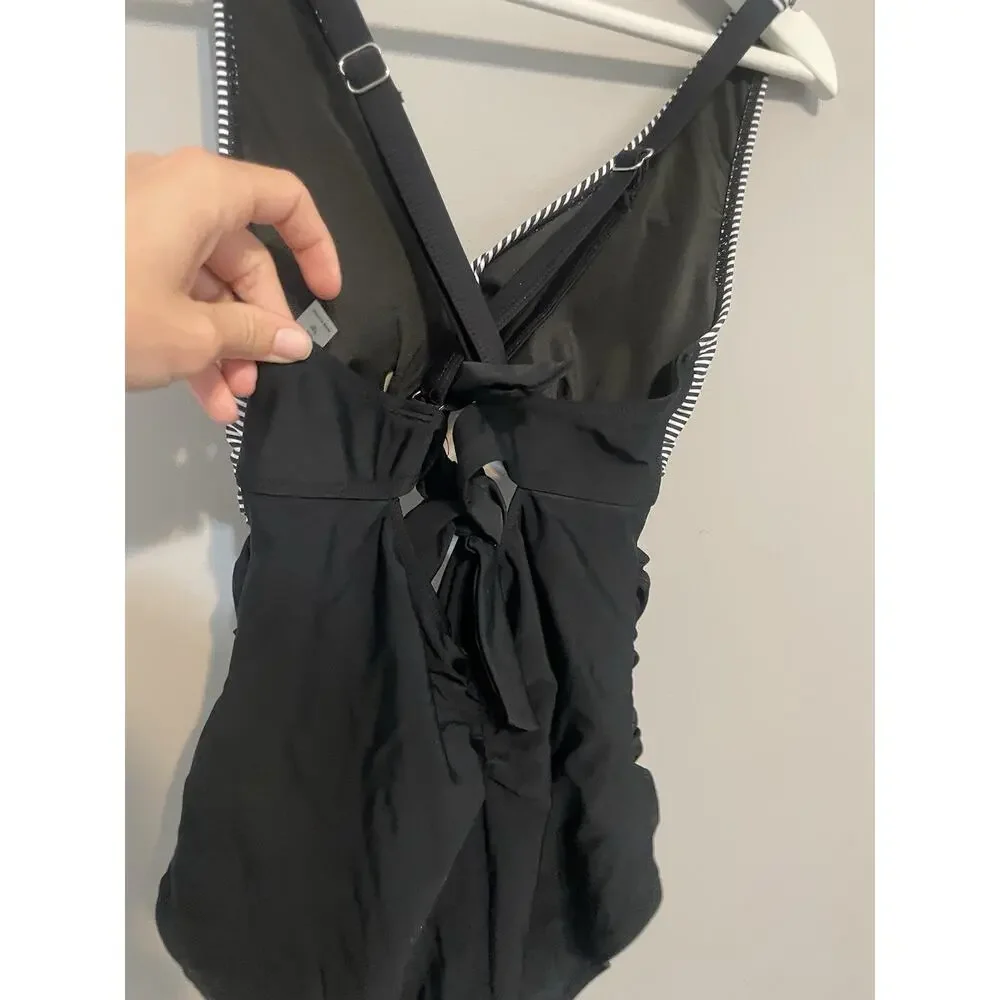 Blooming Jelly One Piece Swimsuit Size M Black White V Neck, Cut Out